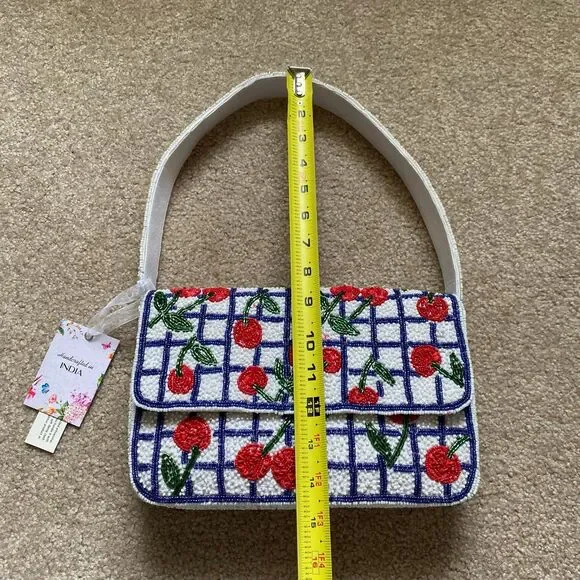 Viral Cherry Beaded Shoulder Bag NWT Navy White Red Green Summer Purse Vacation - Picture 9 of 12
